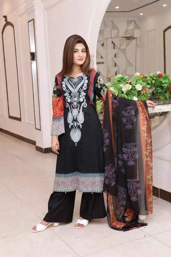 Ready to Wear Embroidered Lawn Pakistani Dresses for Women Shalwar, Kameez with Dupatta - Three Piece Set - Black