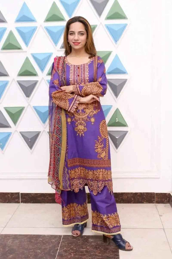 Ready to Wear Embroidered Lawn Pakistani Dresses for Women Shalwar, Kameez with Dupatta - Three Piece Set - Blue