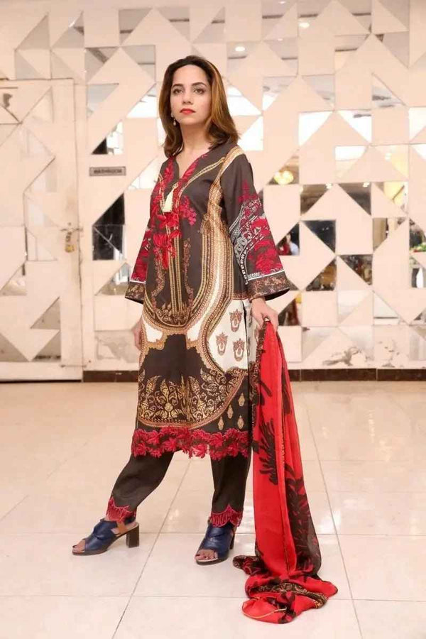 Ready to Wear Embroidered Lawn Pakistani Dresses for Women Shalwar, Kameez with Dupatta - Three Piece Set - Gray