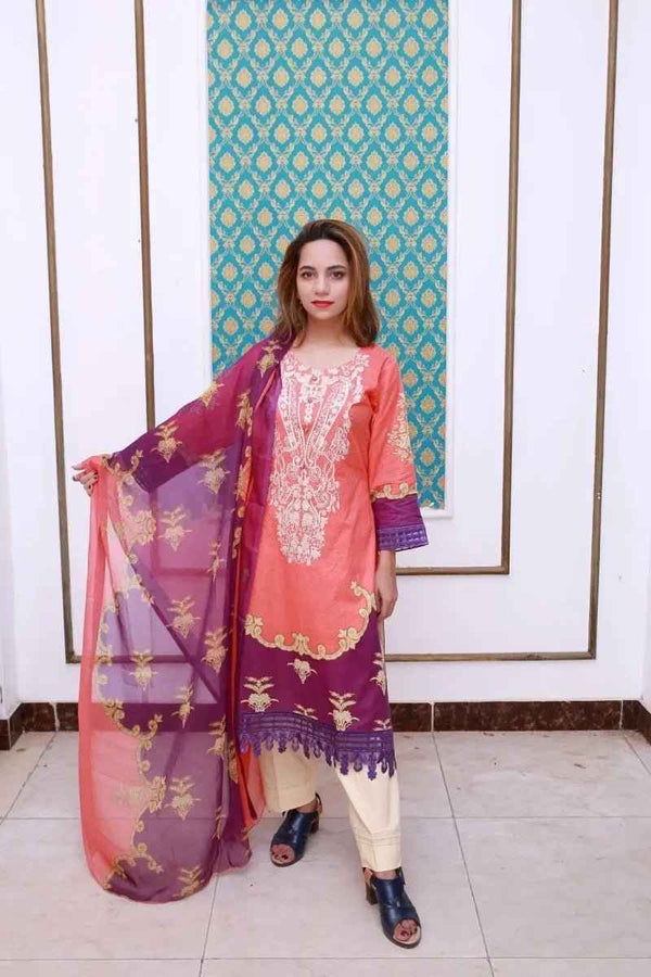 Ready to Wear Embroidered Lawn Pakistani Dresses for Women Shalwar, Kameez with Dupatta - Three Piece Set - Orange