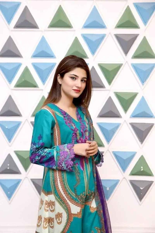 Ready to Wear Embroidered Lawn Pakistani Dresses for Women Shalwar, Kameez with Dupatta - Three Piece Set - Persian Green