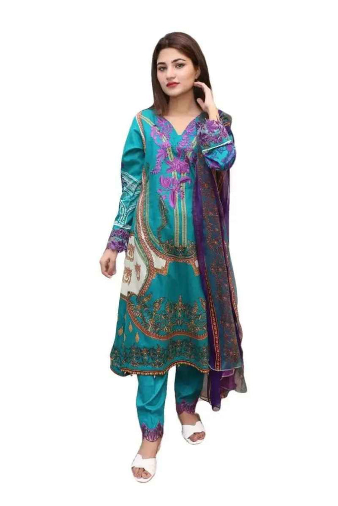 Ready to Wear Embroidered Lawn Pakistani Dresses for Women Shalwar, Kameez with Dupatta - Three Piece Set - Persian Green