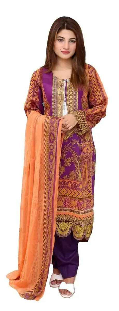 Ready to Wear Embroidered Lawn Pakistani Dresses for Women Shalwar, Kameez with Dupatta - Three Piece Set - Purple