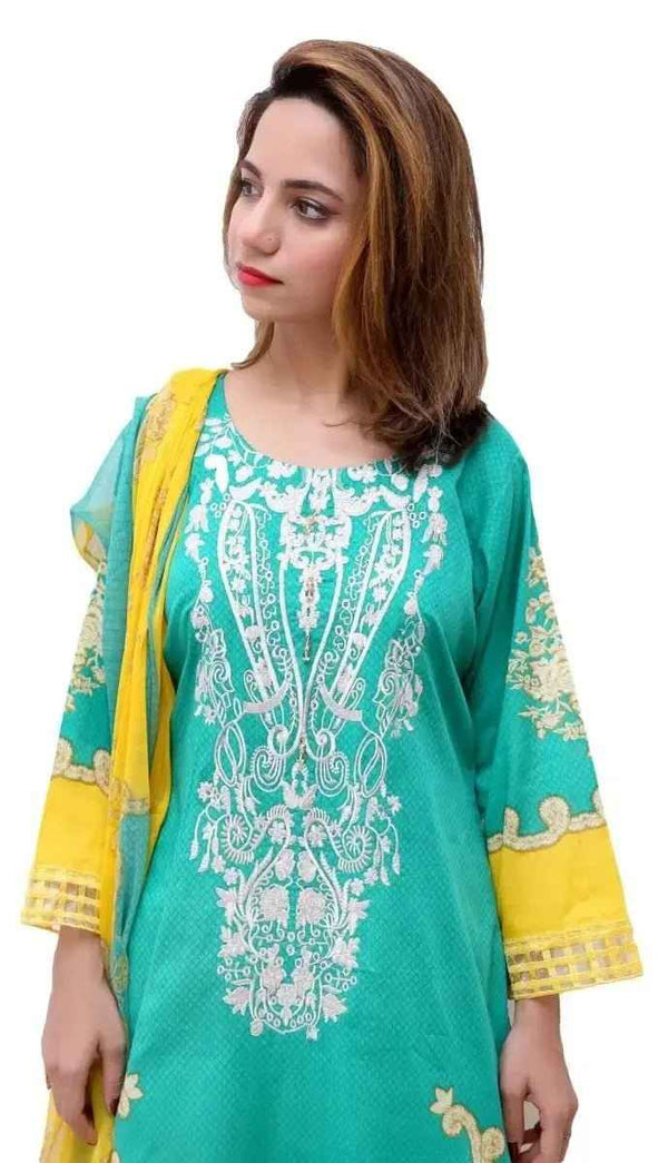 Ready to Wear Embroidered Lawn Pakistani Dresses for Women Shalwar, Kameez with Dupatta - Three Piece Set - Sea Green