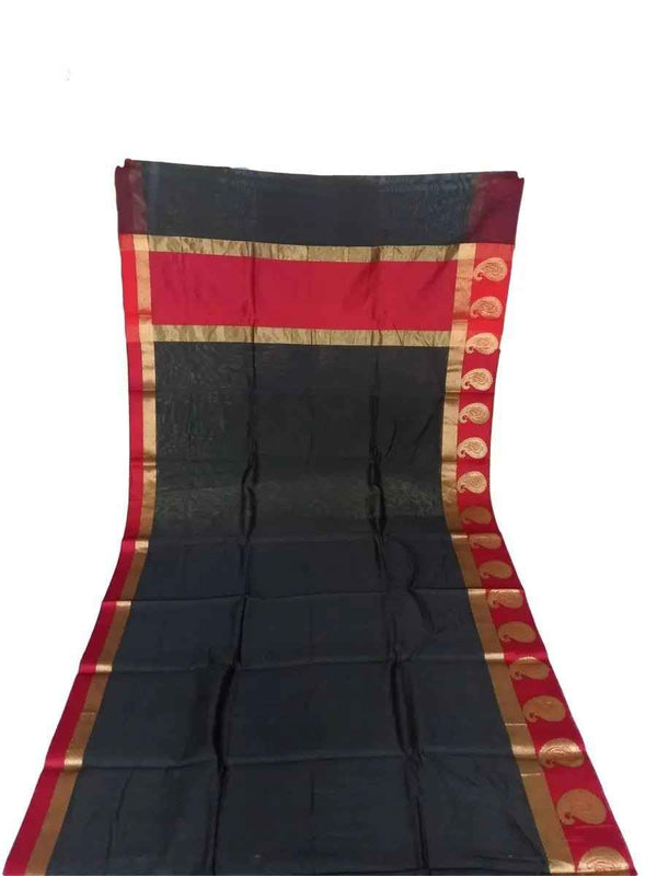 Sari - Handloom Art and Cotton Silk Saris Indian Ethic Traditional Wear (Black-Weaved-sr2, Cotton Silk)